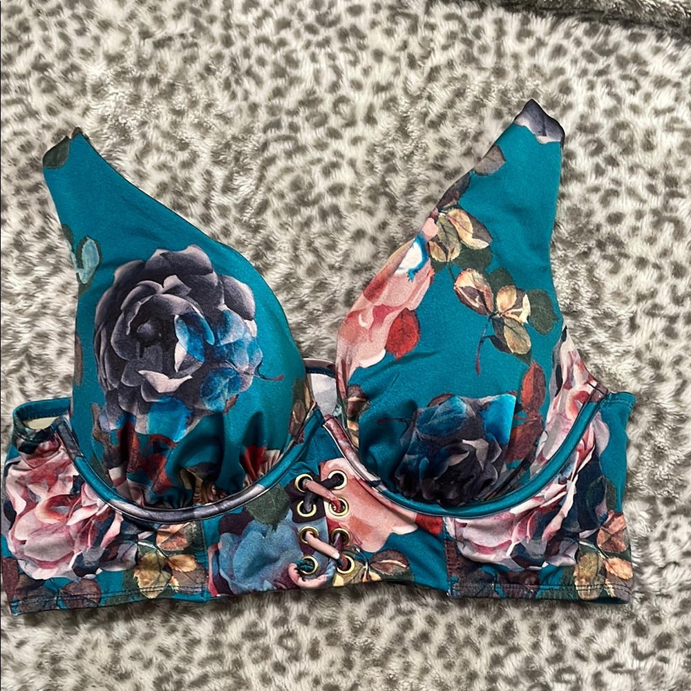 Cacique Floral Bikini Top - Teal and Multicolor